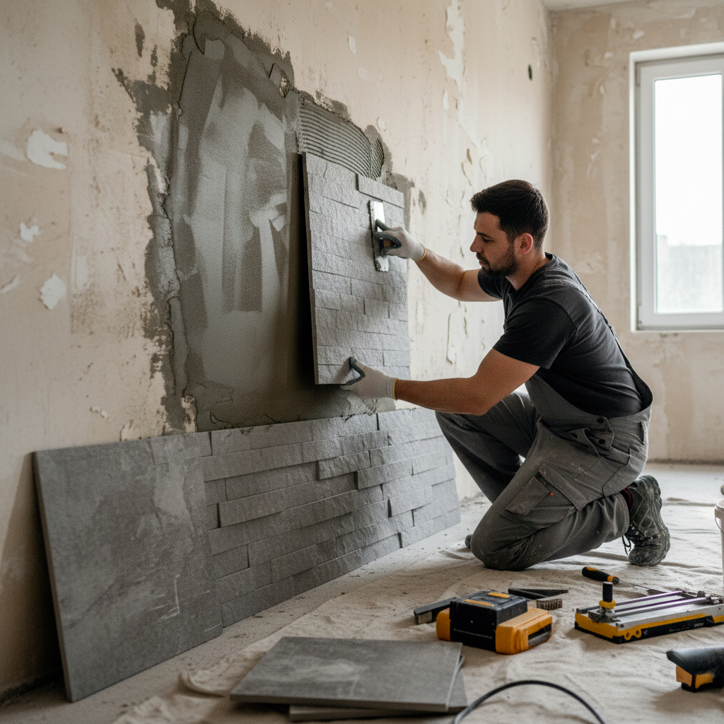 Application de colle et pose du carrelage effet pierre sur cheminée