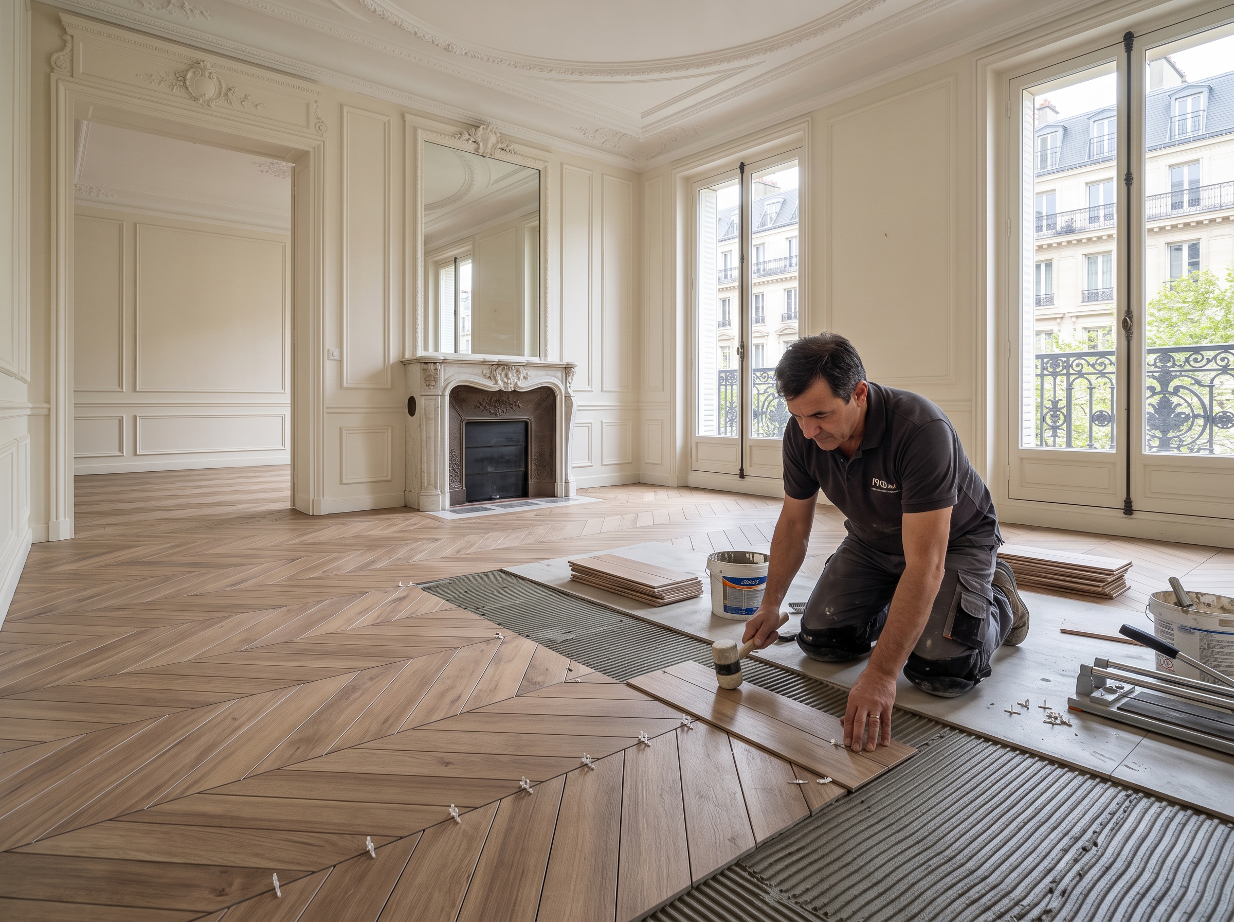 Pose carrelage à bâtons rompus Pose carrelage bâtons rompus imitation parquet calepinage style haussmannien