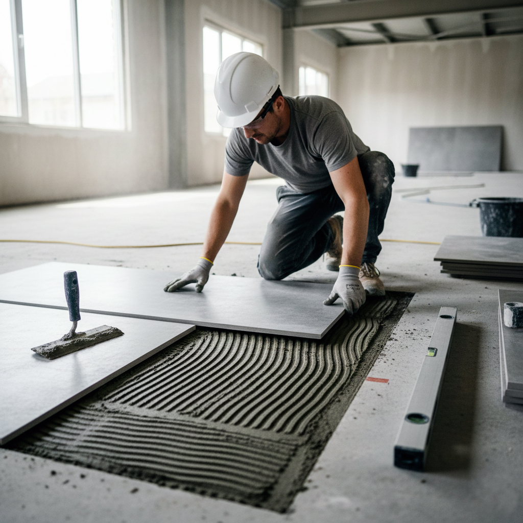 Professionnel posant du carrelage sur dalle béton avec outils spécialisés
