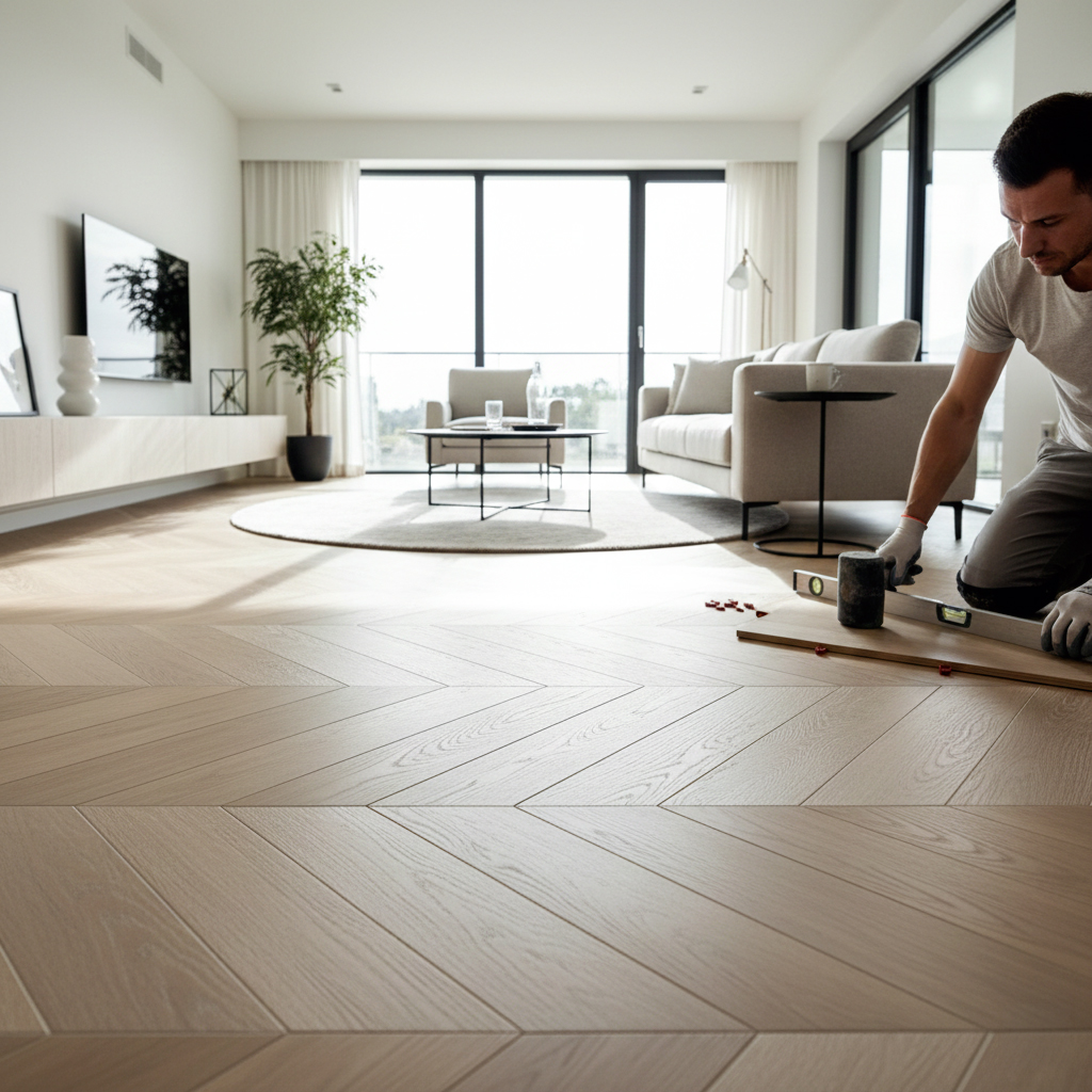 Pose professionnelle de carrelage imitation parquet dans salon moderne avec motif chevrons