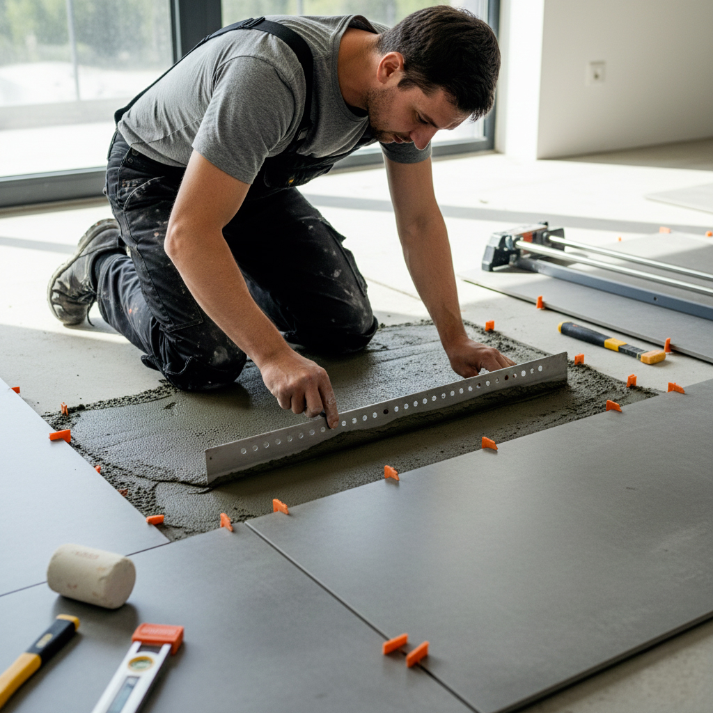 Pose carrelage sol - Guide pratique Artisan posant du carrelage au sol avec outils professionnels et technique précise