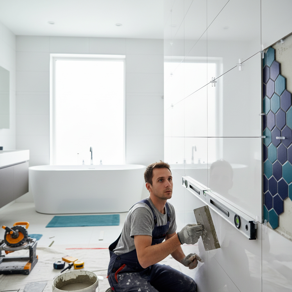 Guide pose faïence salle de bain - Résultat professionnel Installation professionnelle de carrelage mural dans une salle de bain moderne