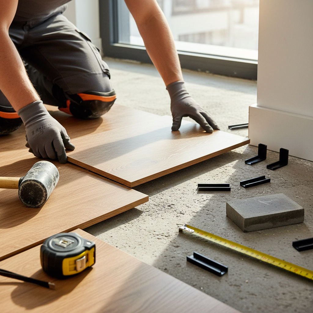 Installation de parquet flottant avec système de clipsage et outils professionnels