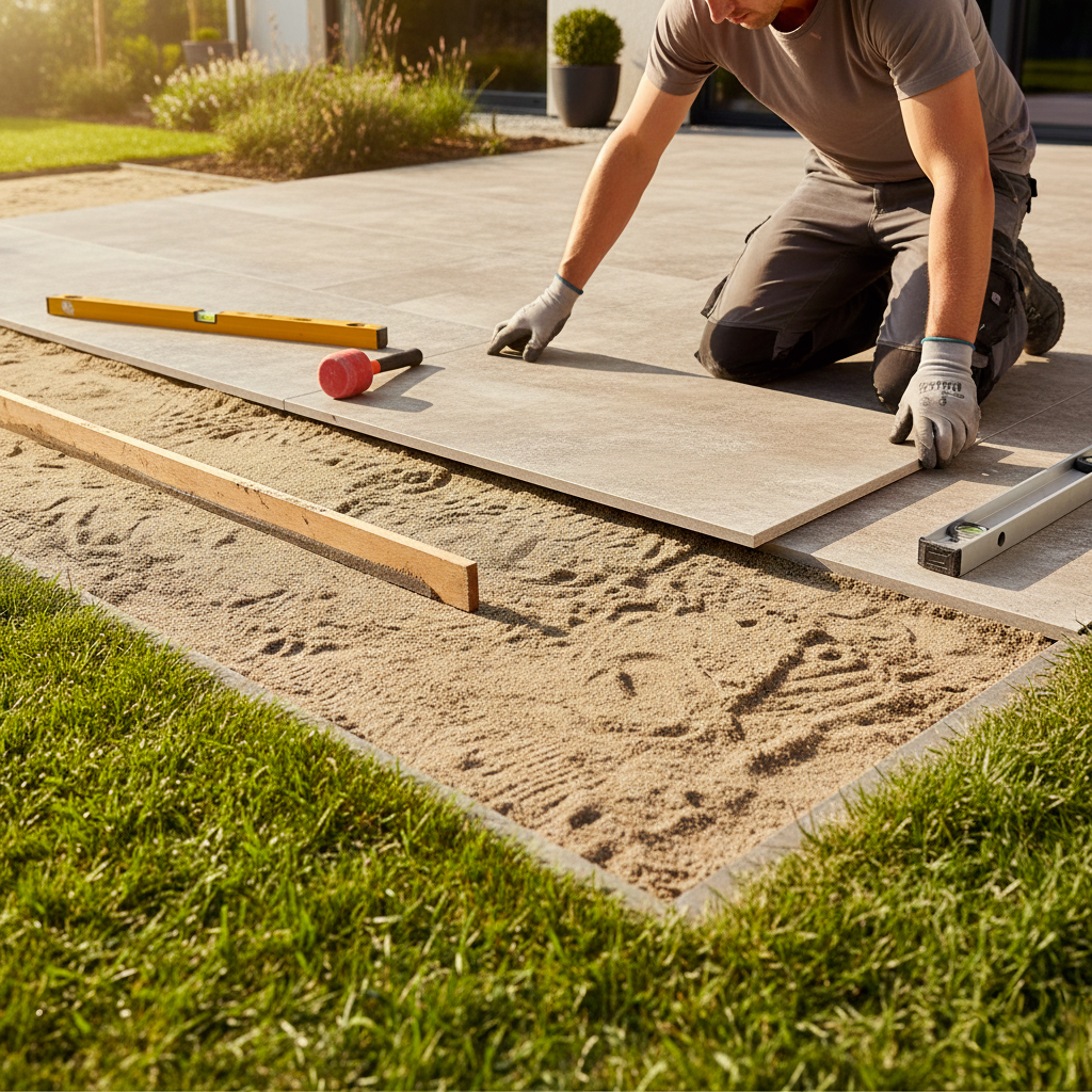 Pose professionnelle de dalles sur lit de sable pour terrasse extérieure