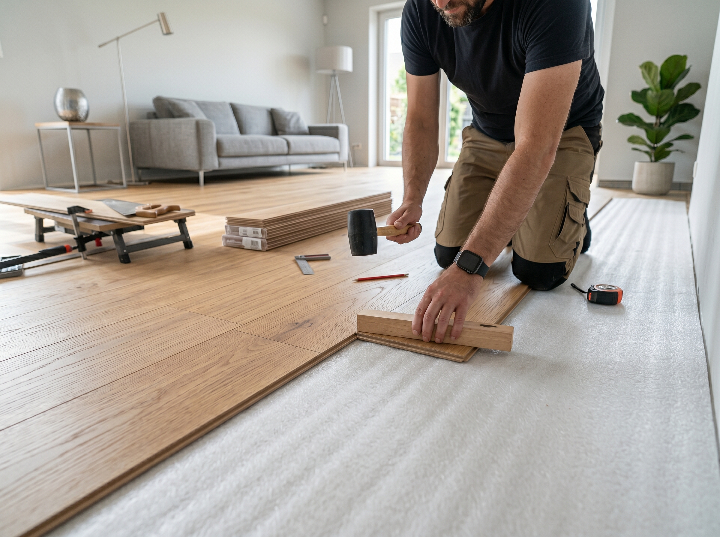 Pose parquet stratifié lame imitation bois découpe scie égoïne quinconce sous-couche sol intérieur