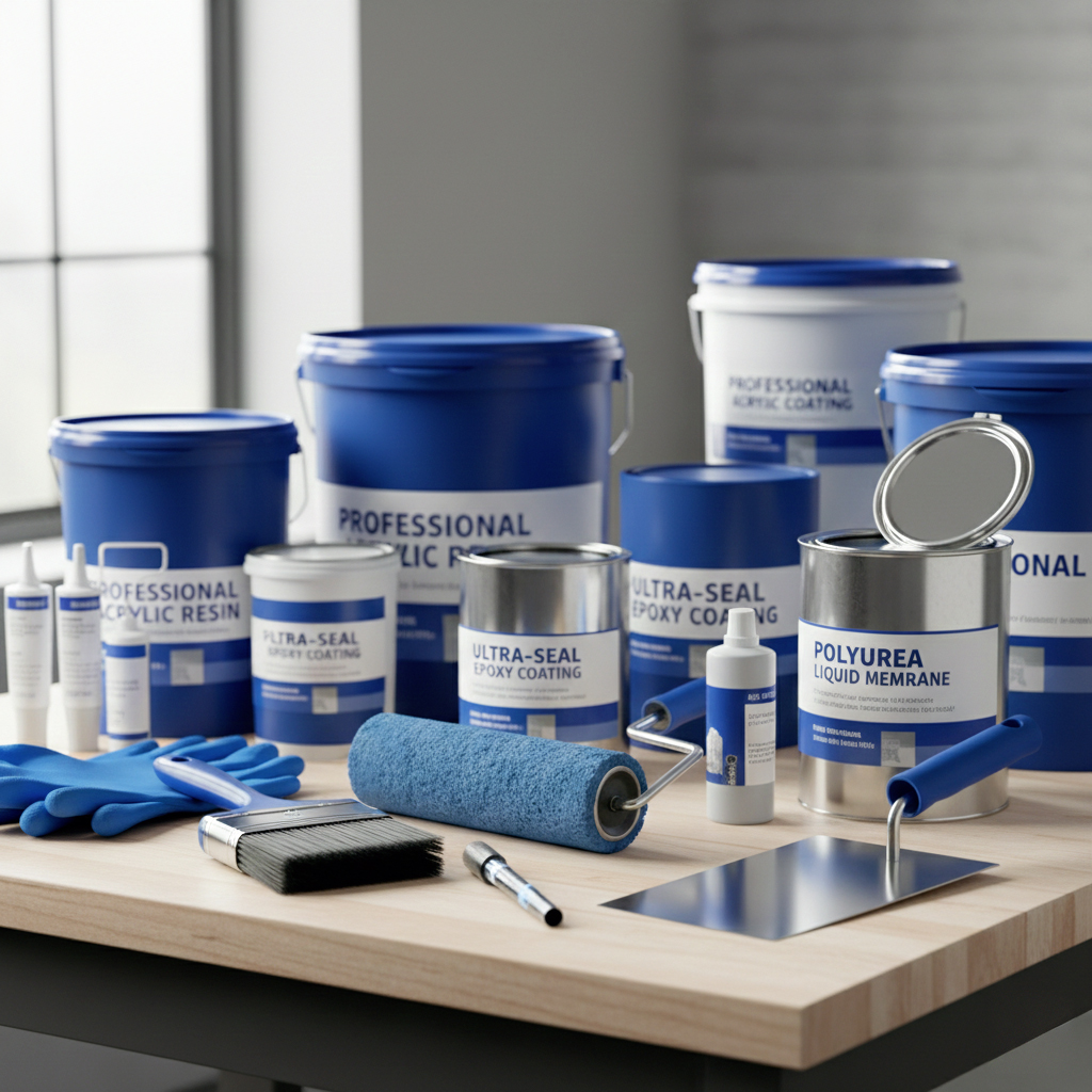Différents produits d'étanchéité liquide pour application sous carrelage avec outils professionnels