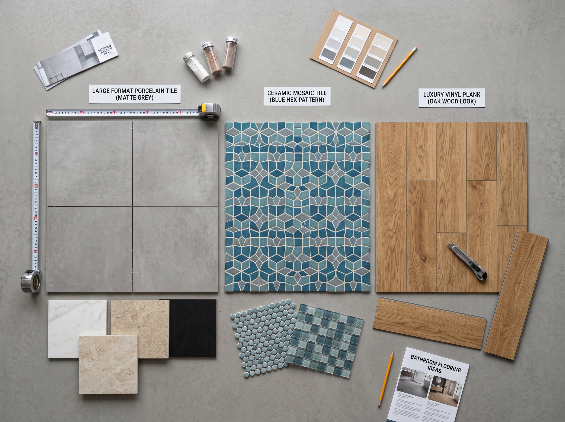 Comparatif revêtement sol salle de bain carrelage vinyl béton ciré mosaïque grès cérame