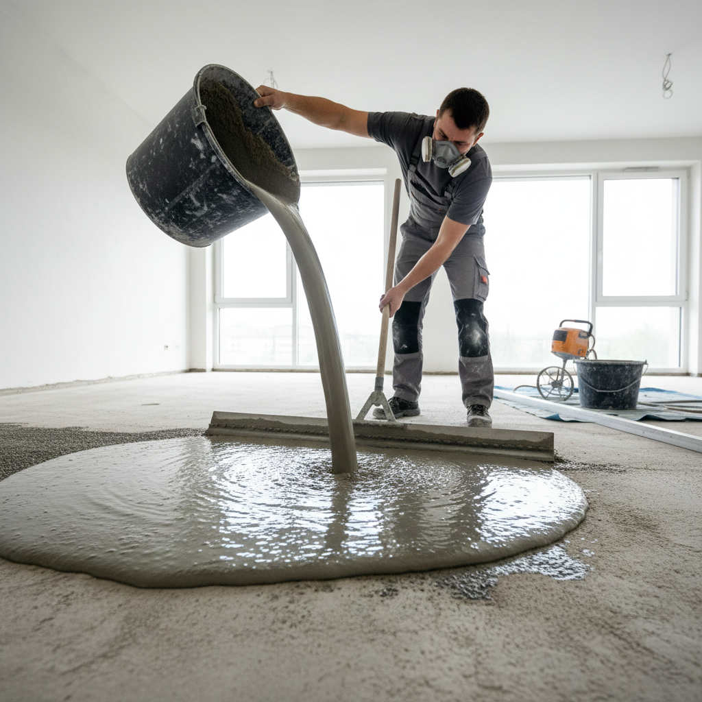 Application ragréage autolissant sol préparation carrelage professionnel lisseuse