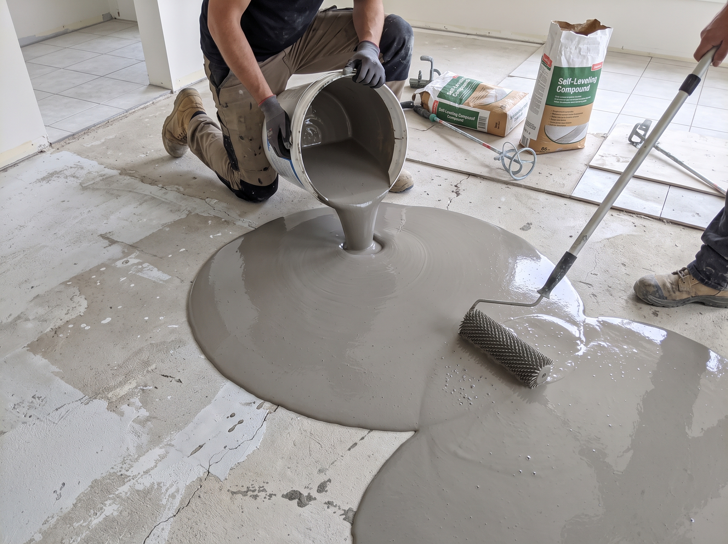 Choisir son type de ragréage Ragréage autolissant coulé sur sol rouleau débulleur préparation avant carrelage