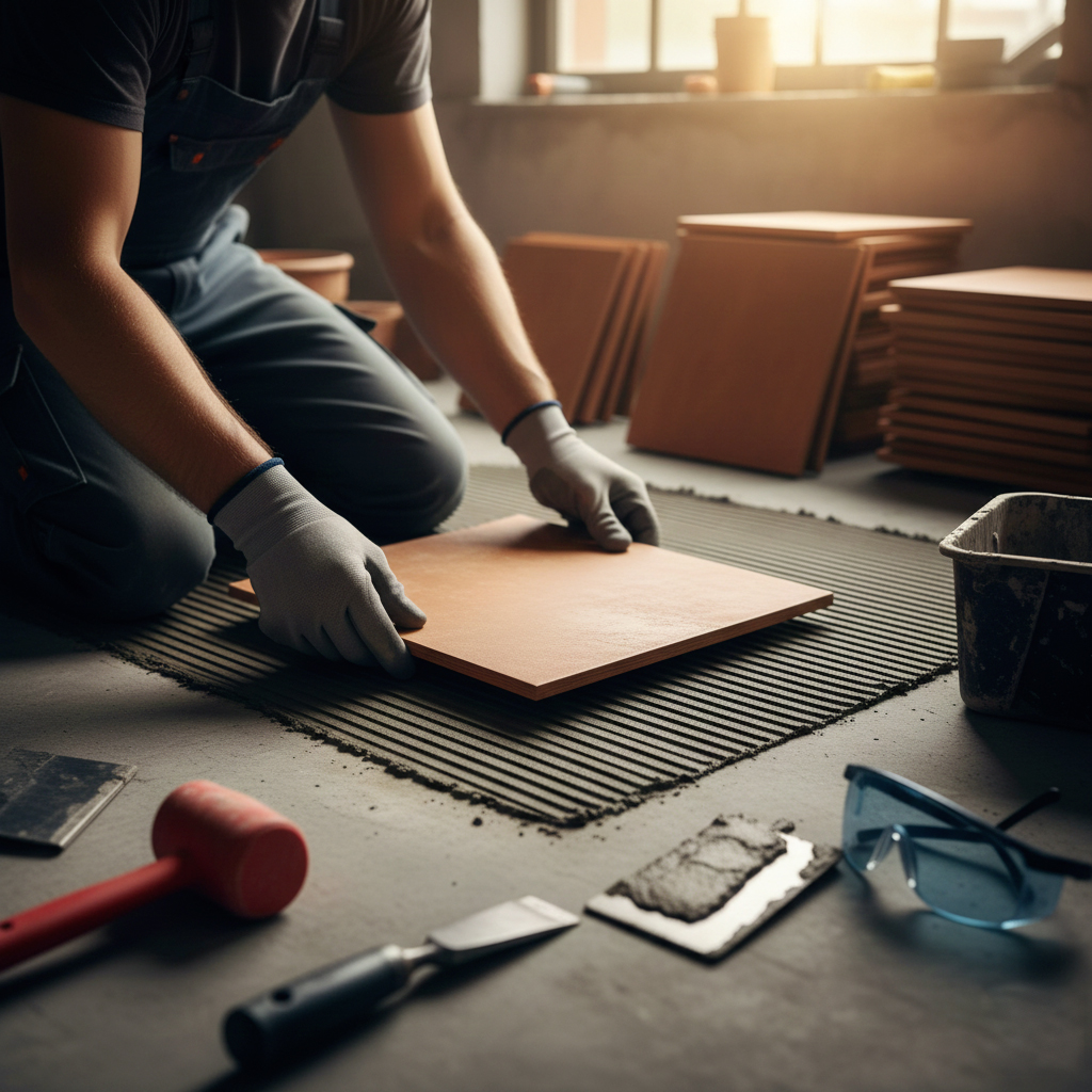 Professionnel remplaçant un carreau cassé avec outils spécialisés