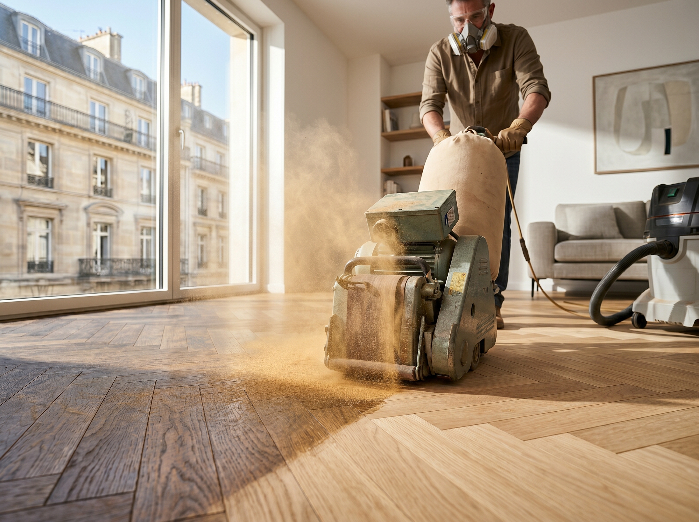 Rénovation parquet ancien ponçage vitrification sol bois restauration finition brillant