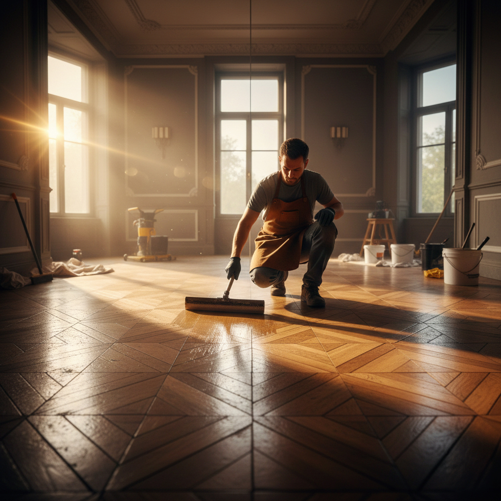 Avant après rénovation parquet ancien restauré avec finition brillante