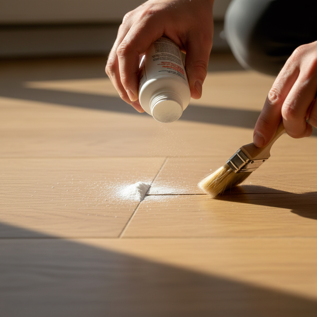 Réparation d'un parquet qui craque avec application de talc dans les joints