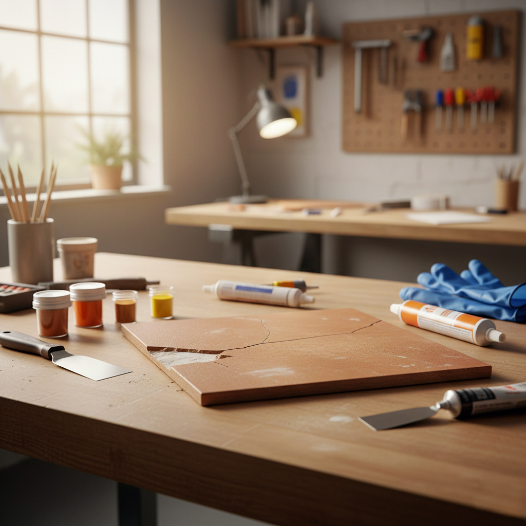 Réparation professionnelle d'un éclat sur carrelage avec outils spécialisés