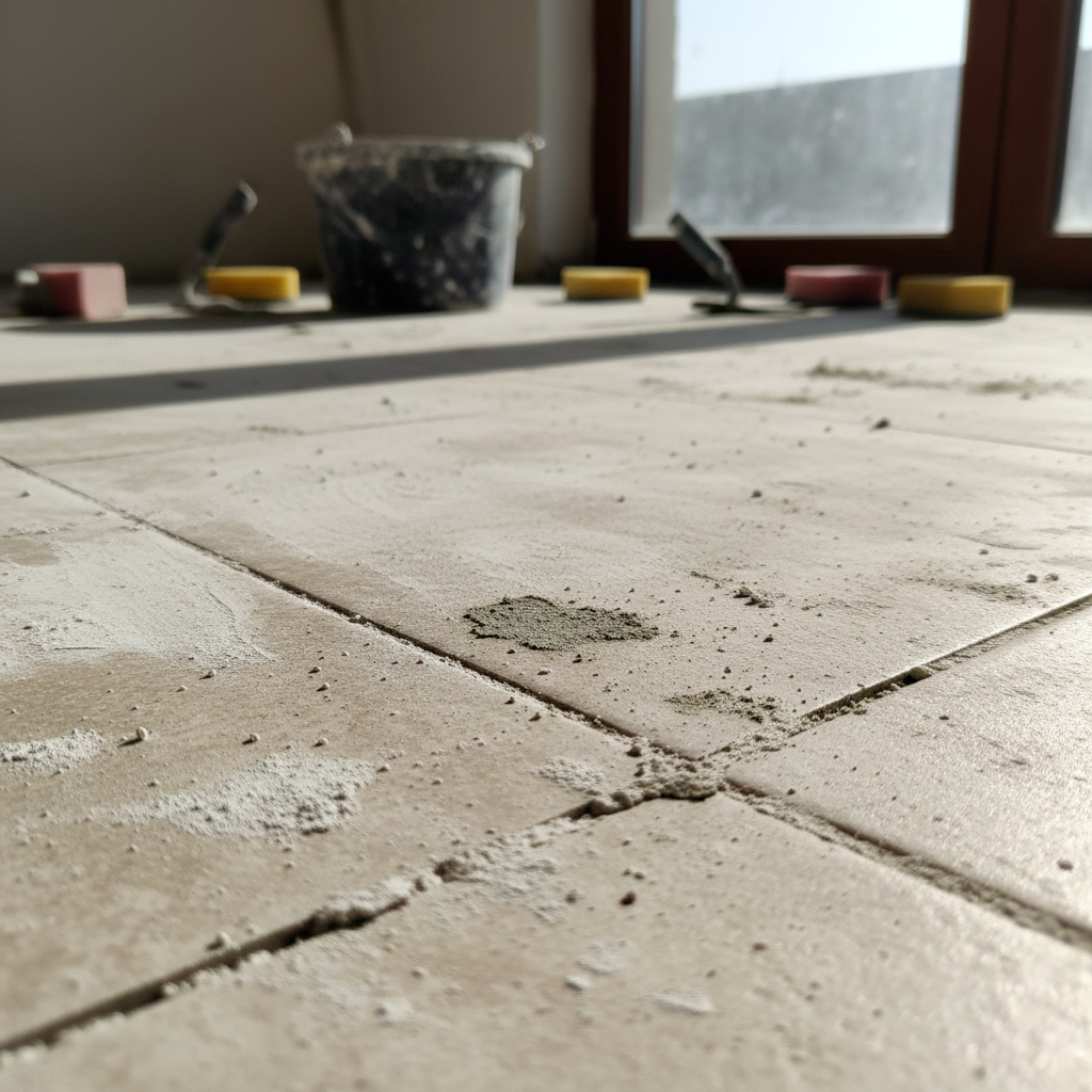 Différents types de résidus et taches sur carrelage après pose - laitance, colle, plâtre