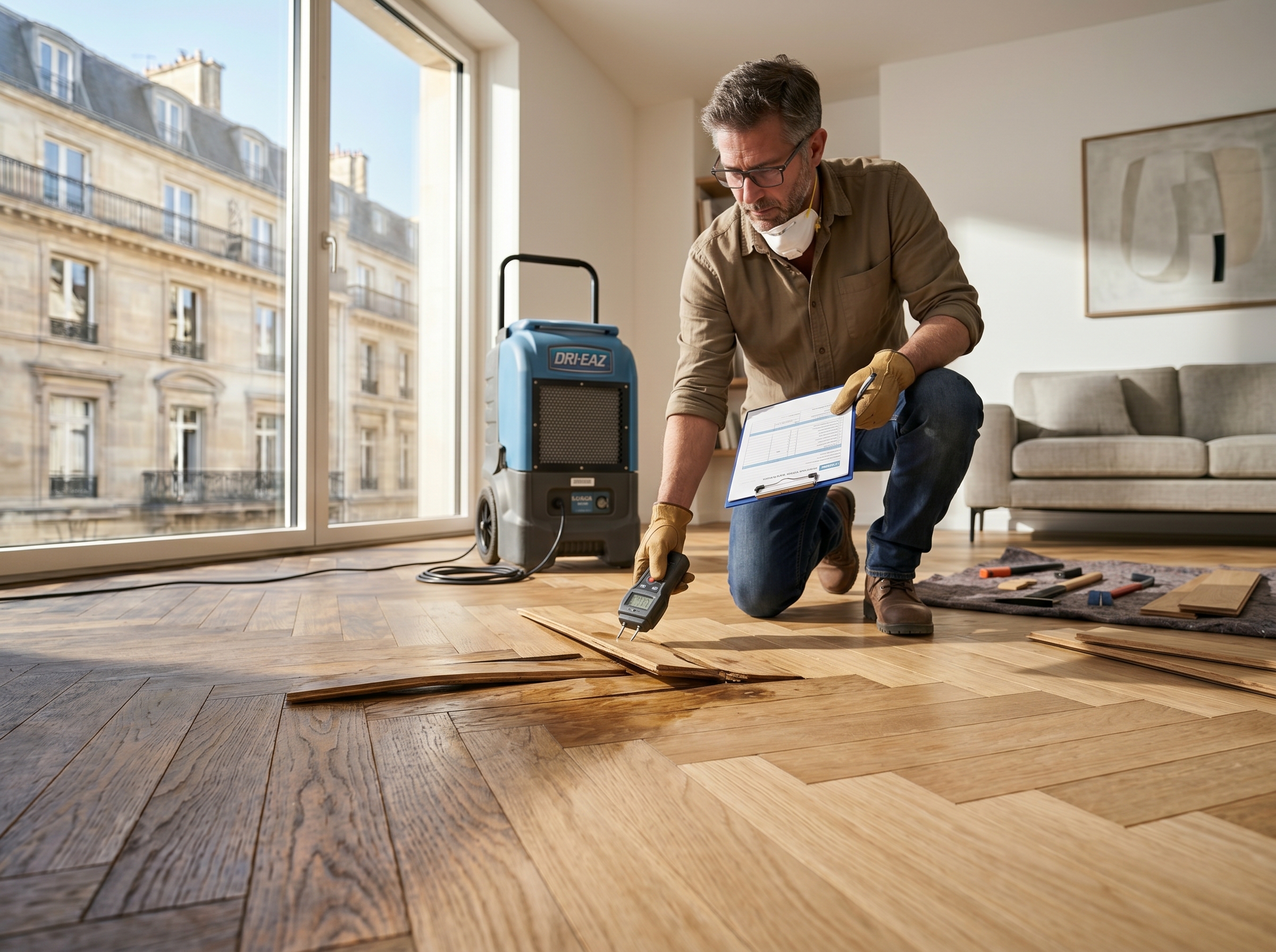 Restauration parquet après dégât des eaux séchage lames gonflées sinistre sol bois
