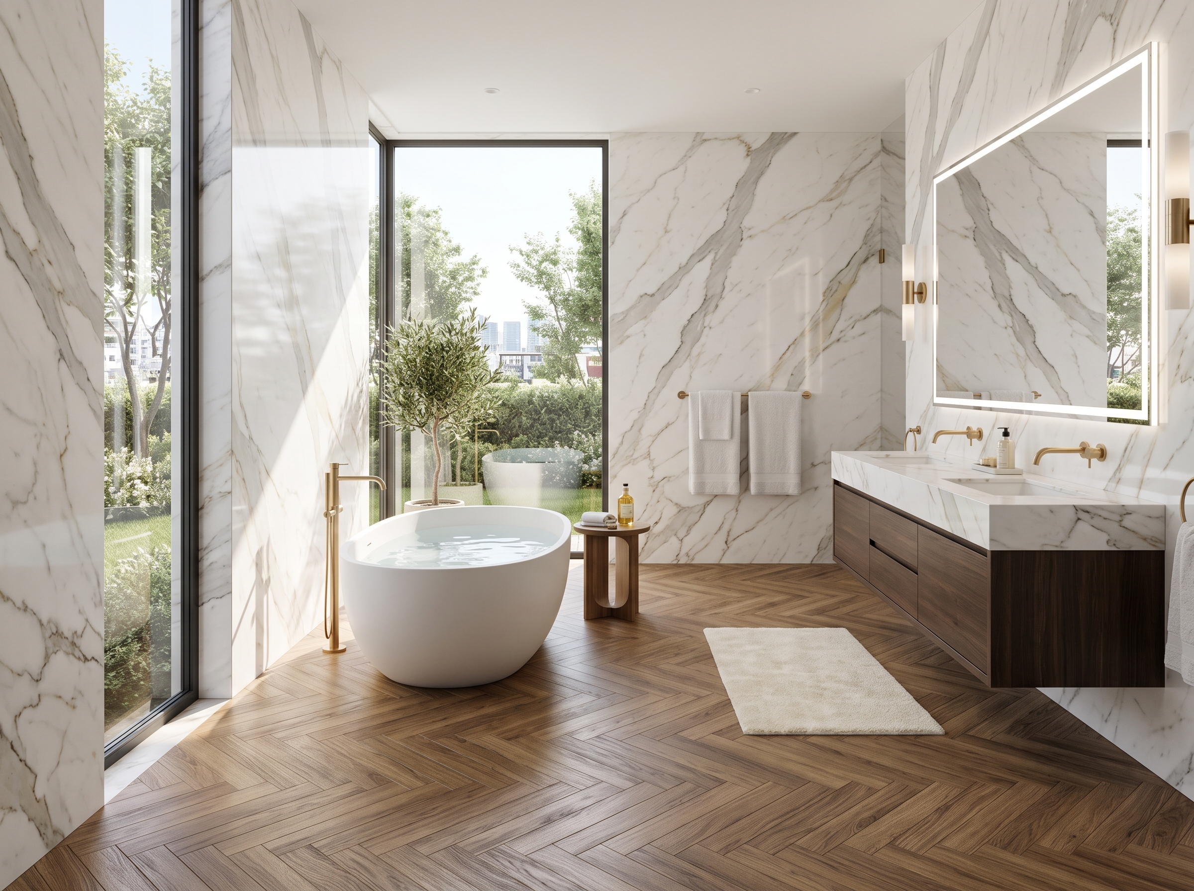 Salle de bain luxe parquet bois marbre blanc veiné grès cérame imitation double matière