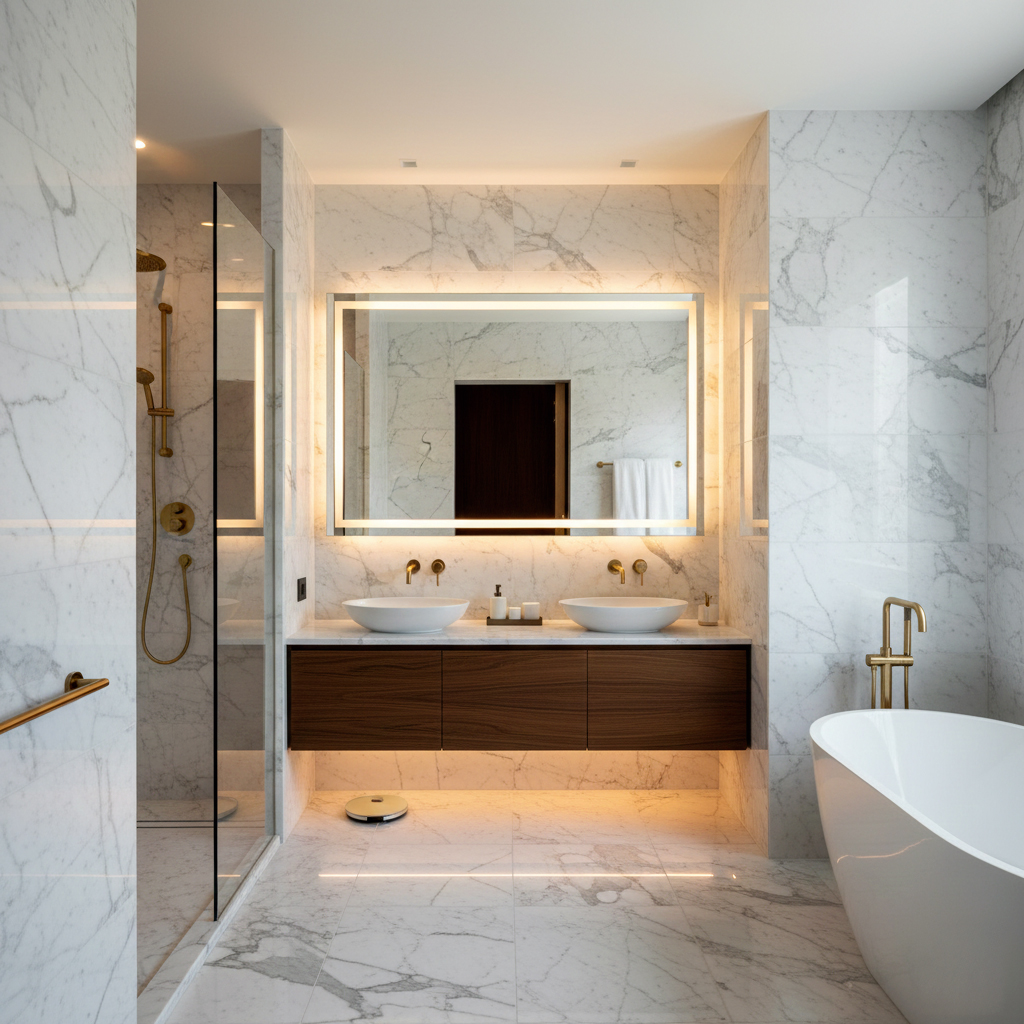 Pierre naturelle salle de bain - Marbre élégant Salle de bains luxueuse avec sol en marbre blanc veiné et vasques design