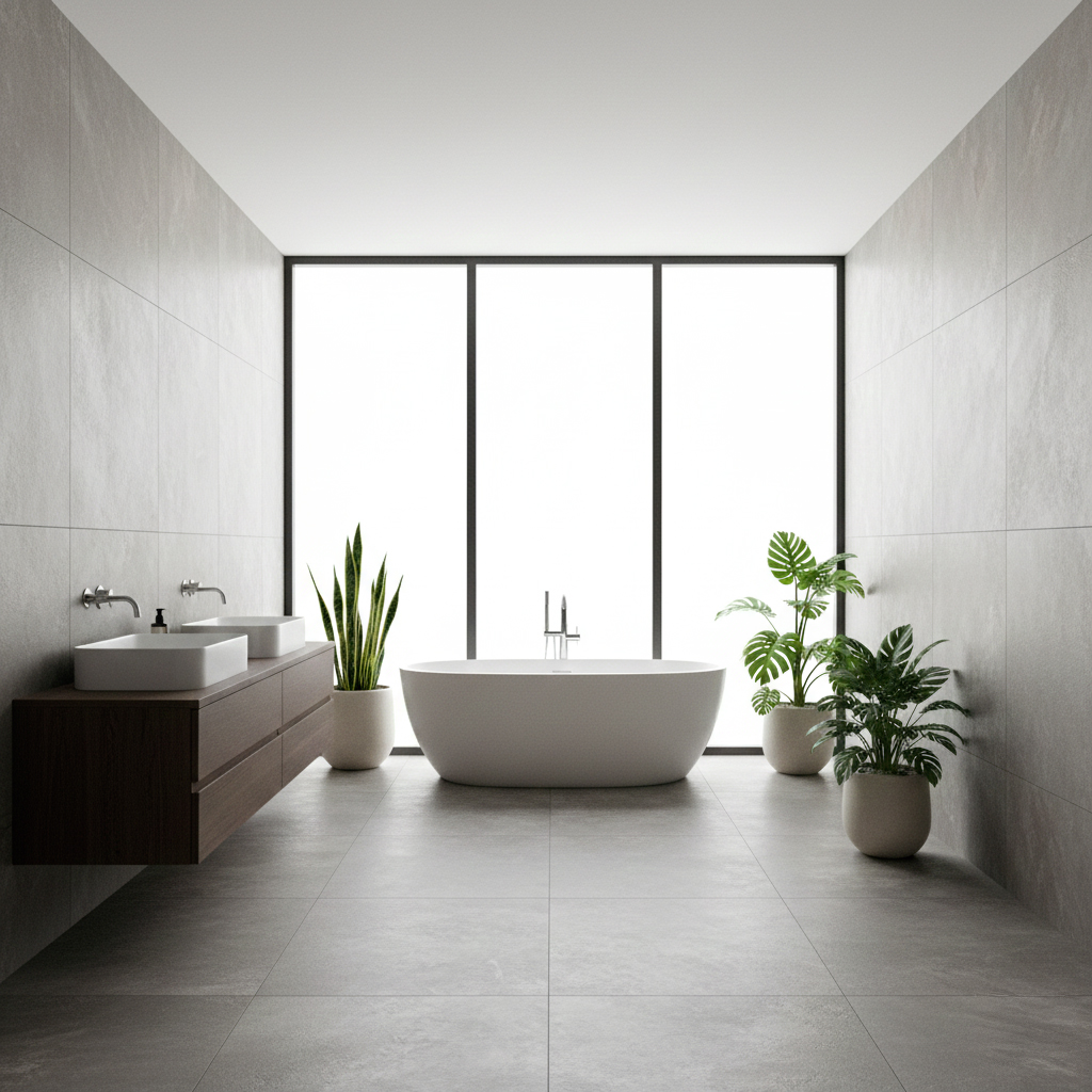 Sol salle de bain - Guide complet des revêtements Salle de bains moderne luxueuse avec sol carrelage design et baignoire îlot