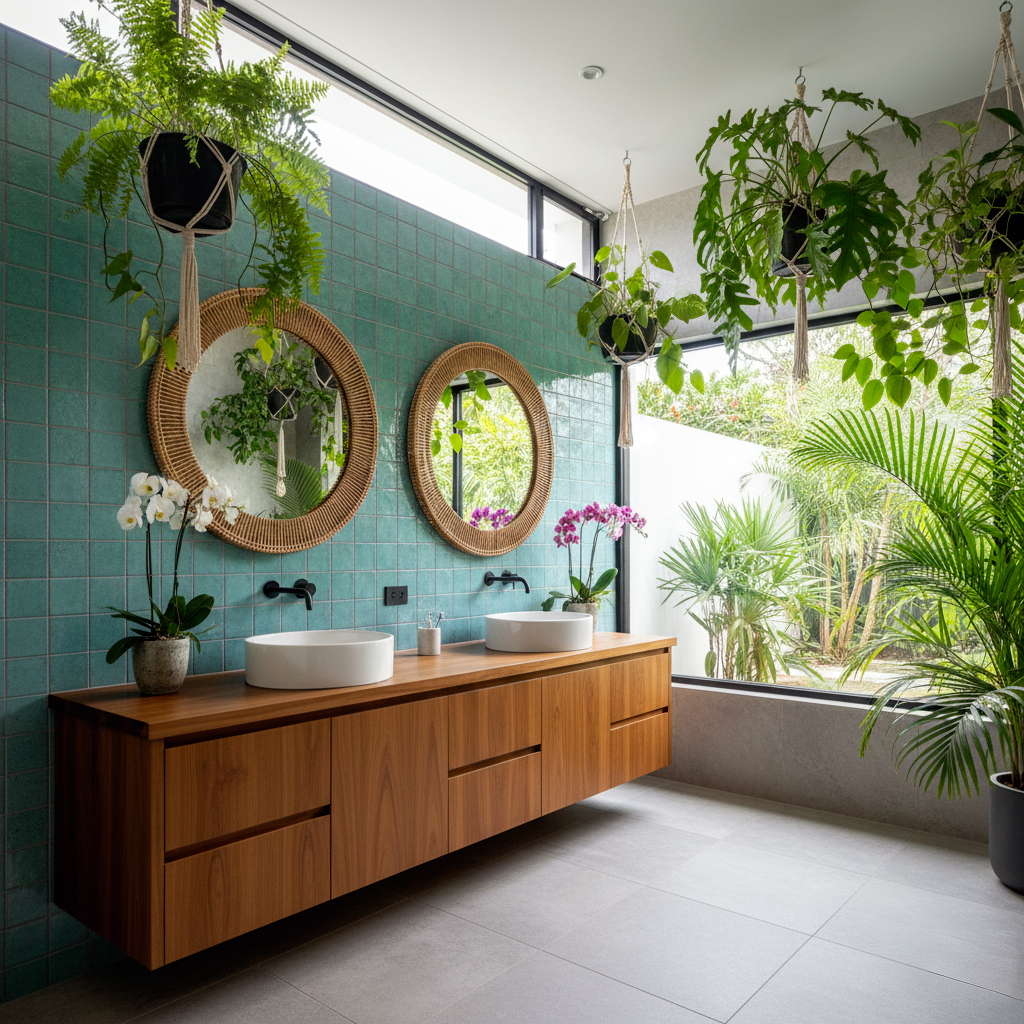 Salle de bain tropicale moderne avec plantes exotiques, carrelage jungle et ambiance relaxante