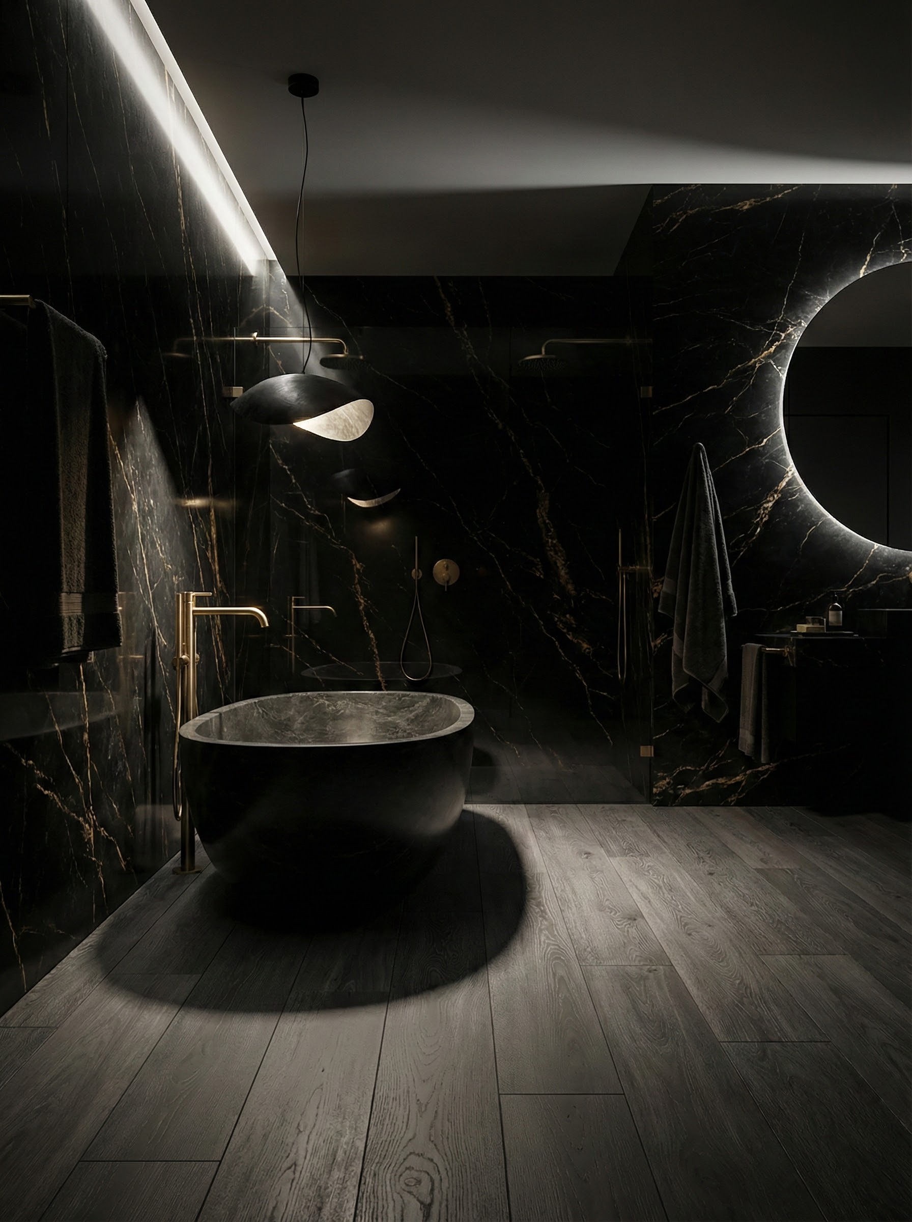 Style Contemporain - Parquet gris anthracite et marbre noir veiné or