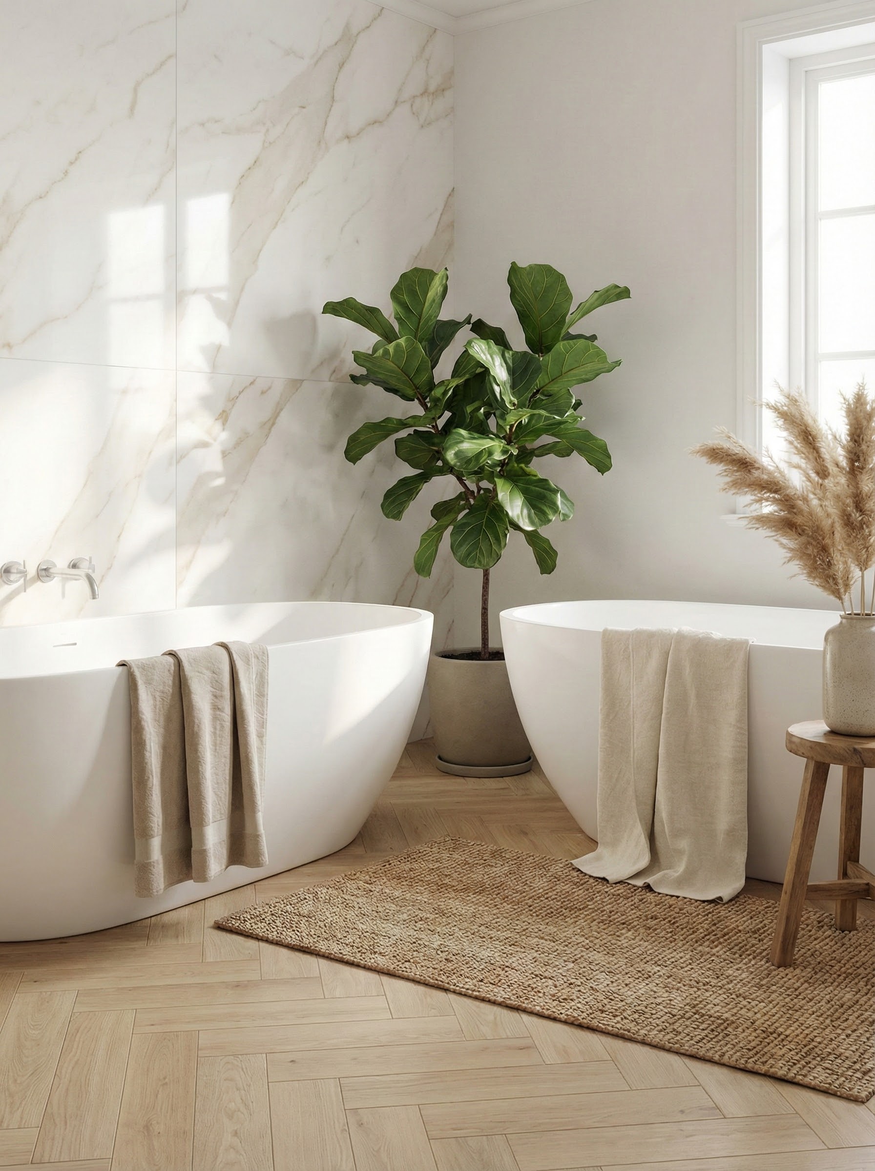 Style Scandinave - Parquet clair et marbre blanc veiné gris