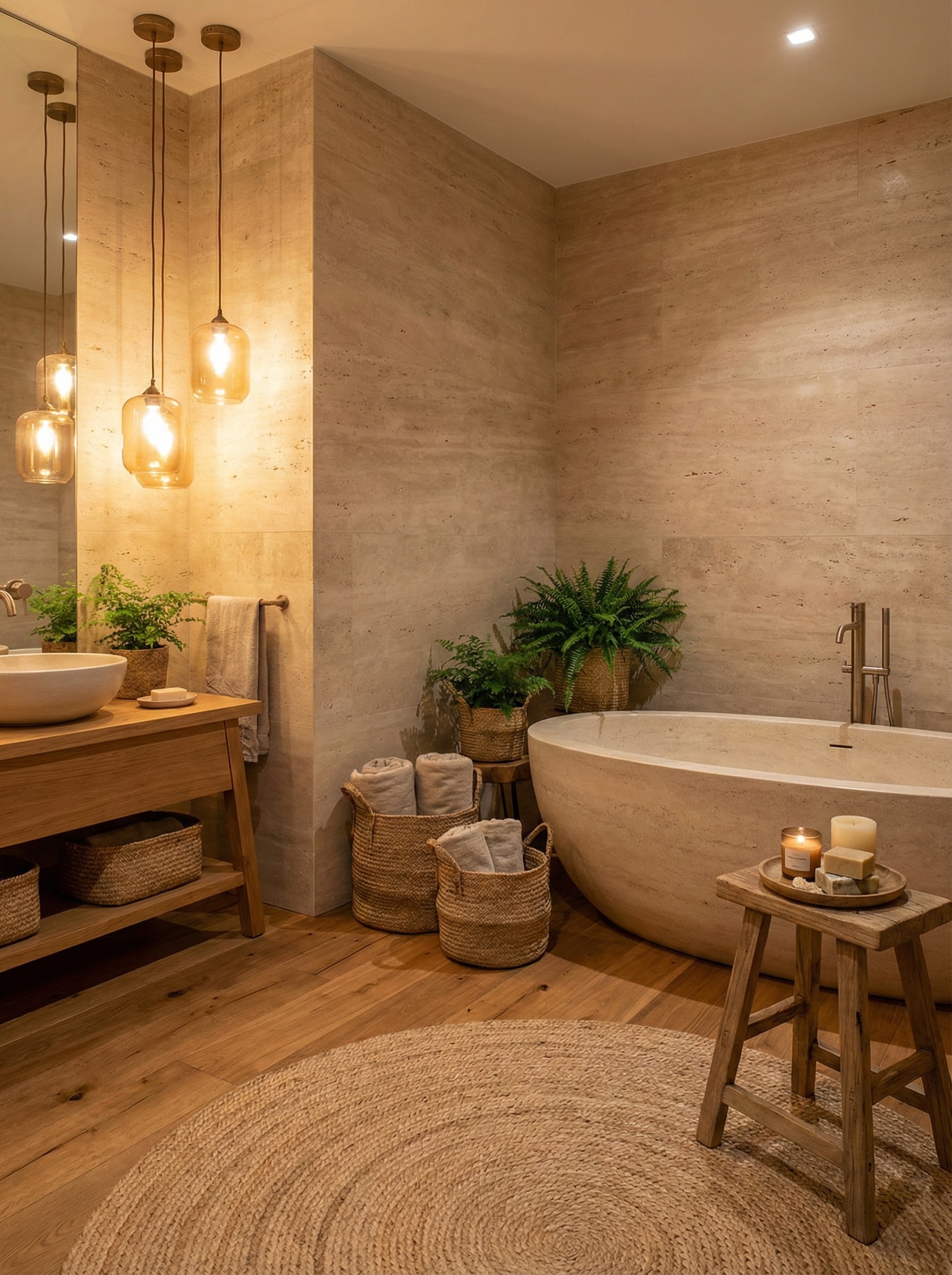 Style Naturel - Parquet chêne moyen et marbre beige Travertin