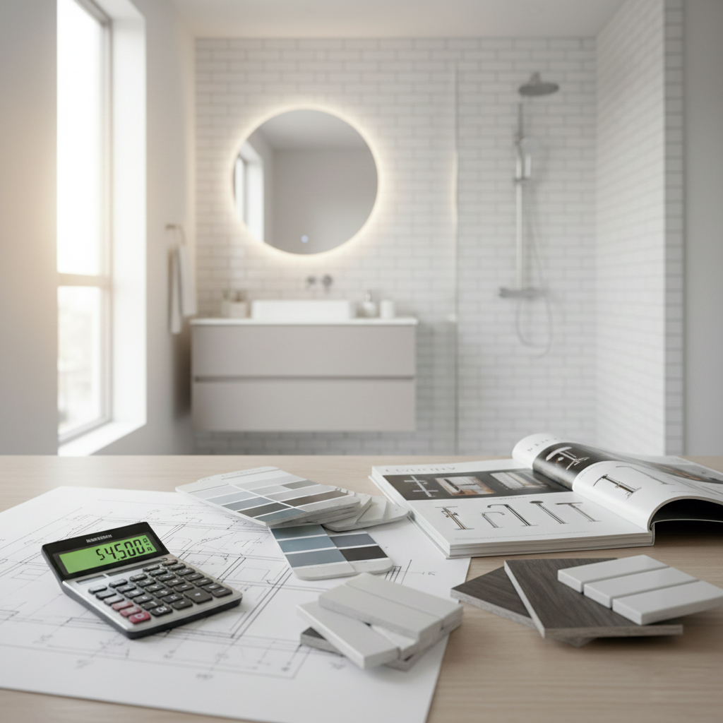 Budget salle de bain - Guide complet des coûts Planification budget salle de bain moderne avec matériaux et échantillons
