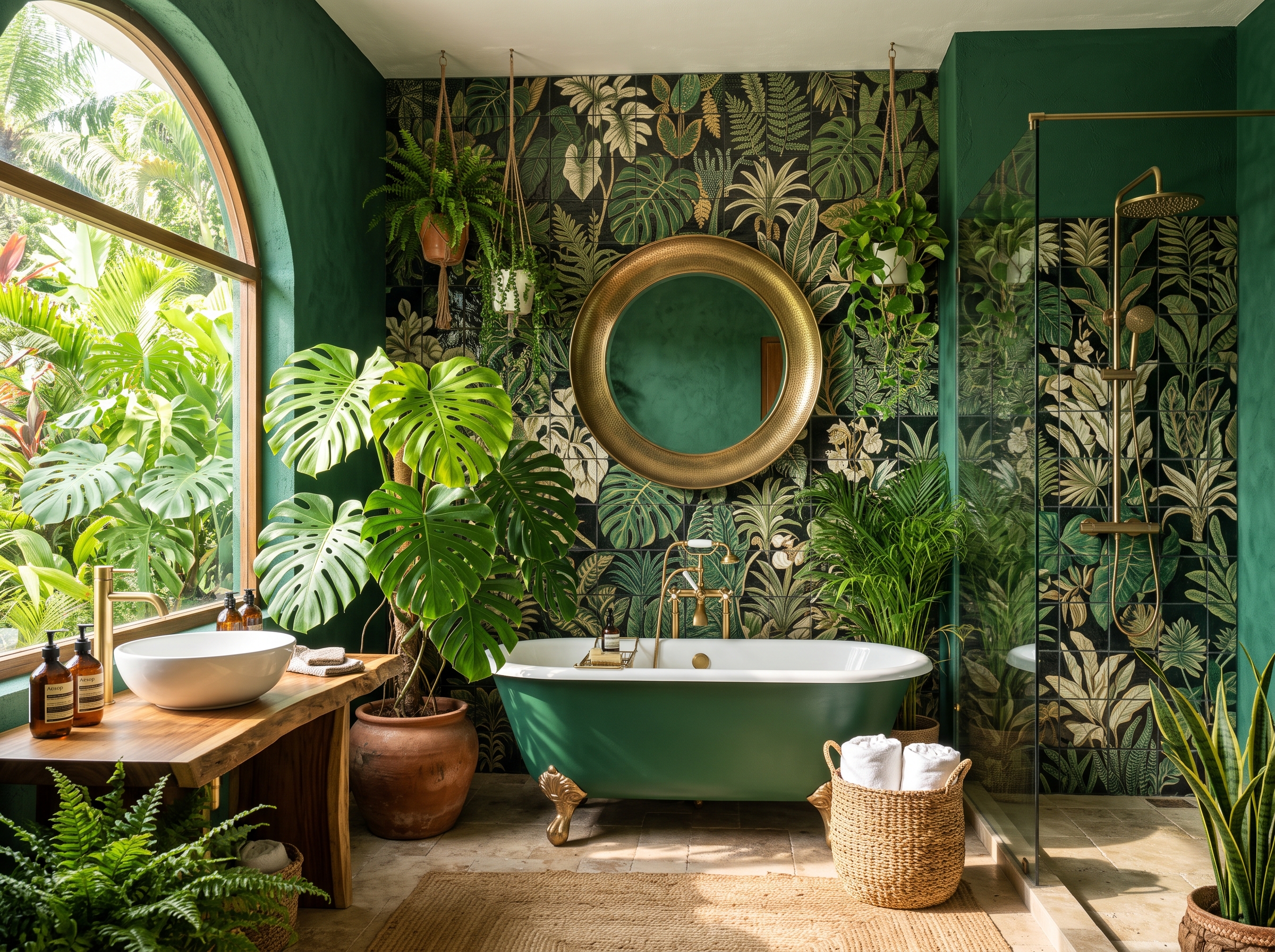 Salle de bain tropicale carrelage végétal feuilles vert forêt robinetterie dorée ambiance jungle