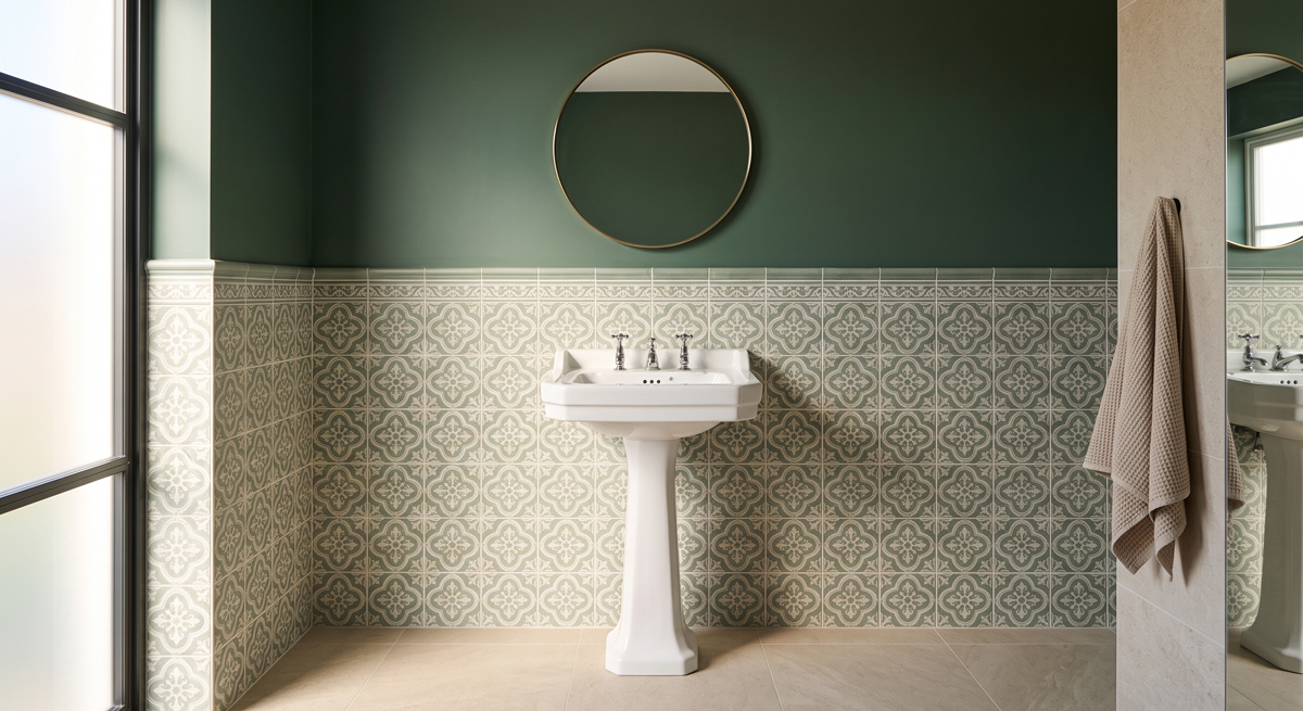 Salle de bain rétro avec faïence vintage à motifs et vasque sur pied
