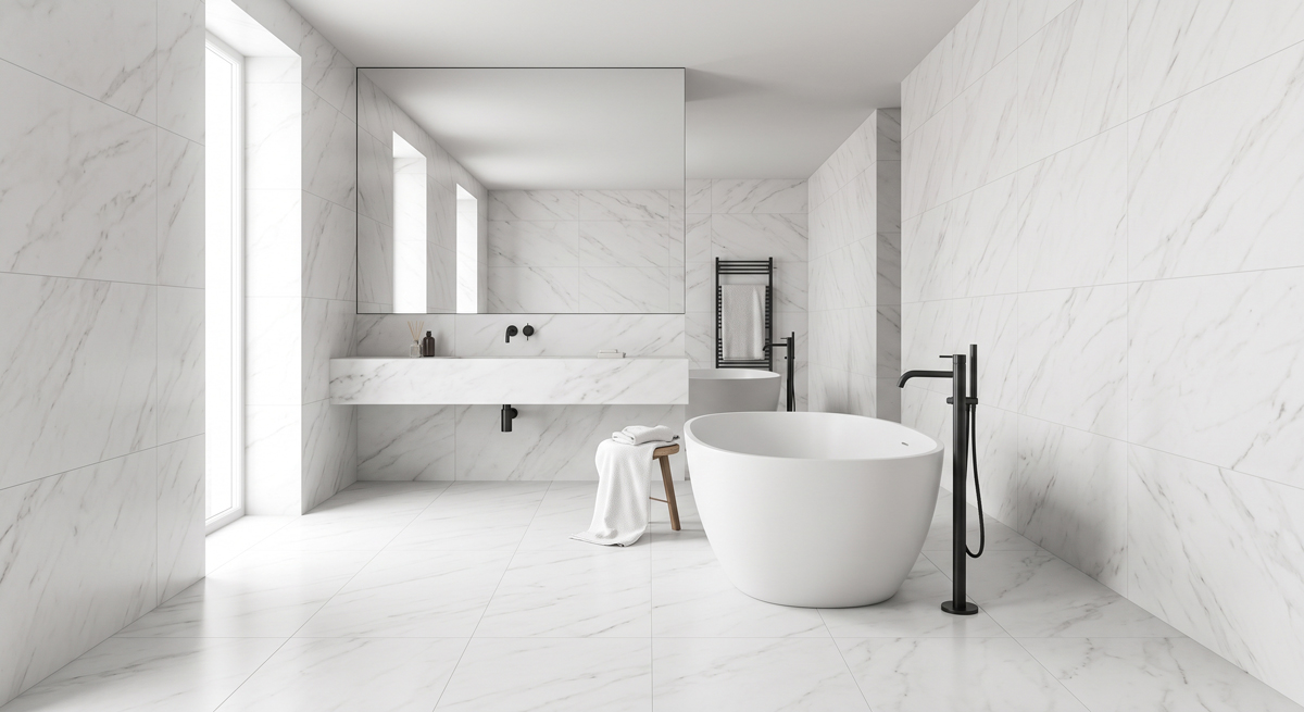 Salle de bain hôtelière en carrelage grand format effet marbre du sol au plafond