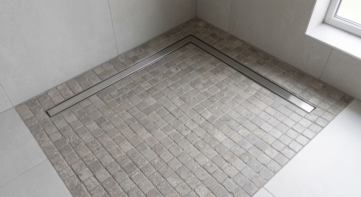 Douche à l'italienne au sol en mosaïque épousant la pente d'écoulement