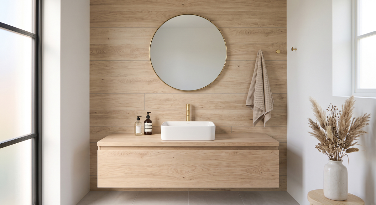 Salle de bain scandinave avec faïence effet bois clair et meuble en chêne