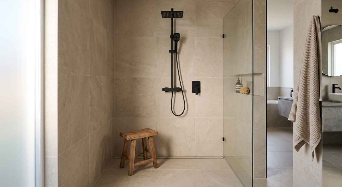 Salle de bain ambiance spa minérale en faïence effet pierre beige