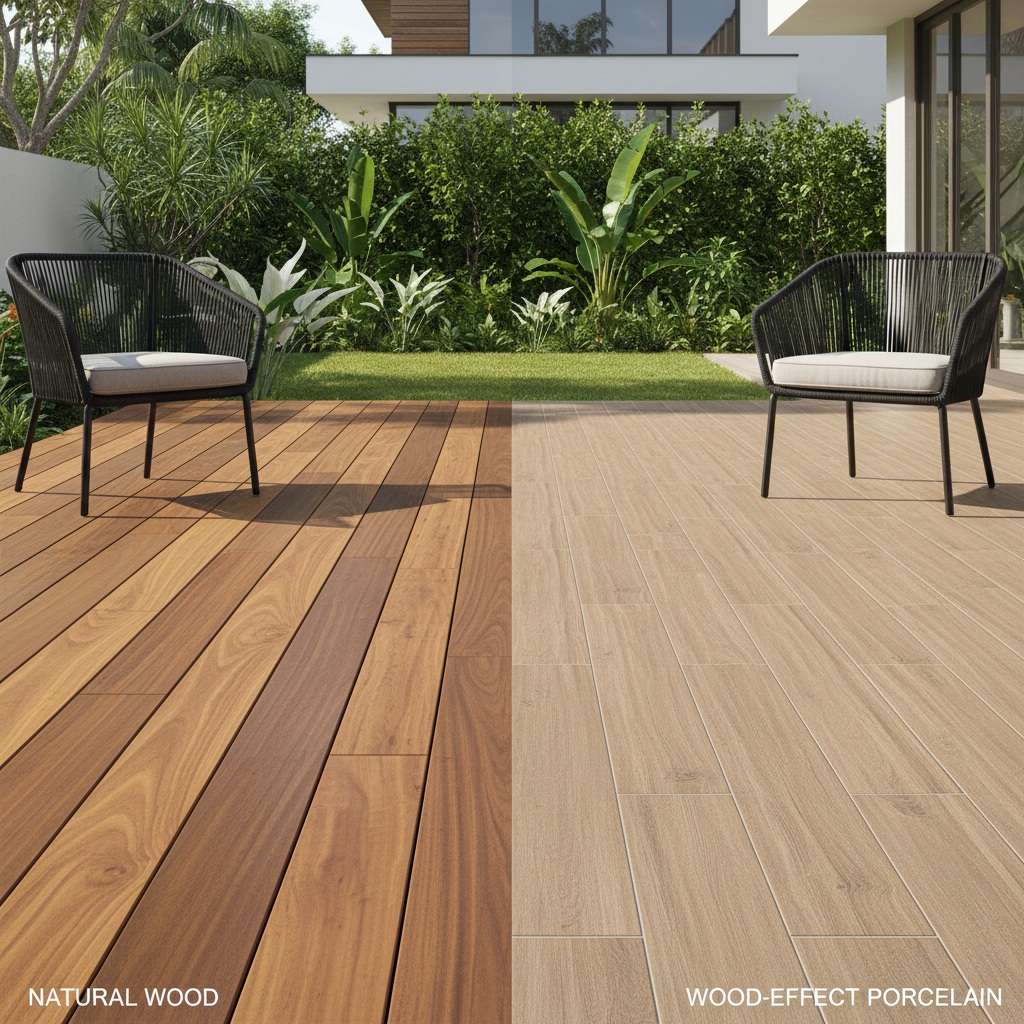 Parquet vs carrelage effet bois Comparaison terrasse parquet bois naturel carrelage effet bois imitation céramique
