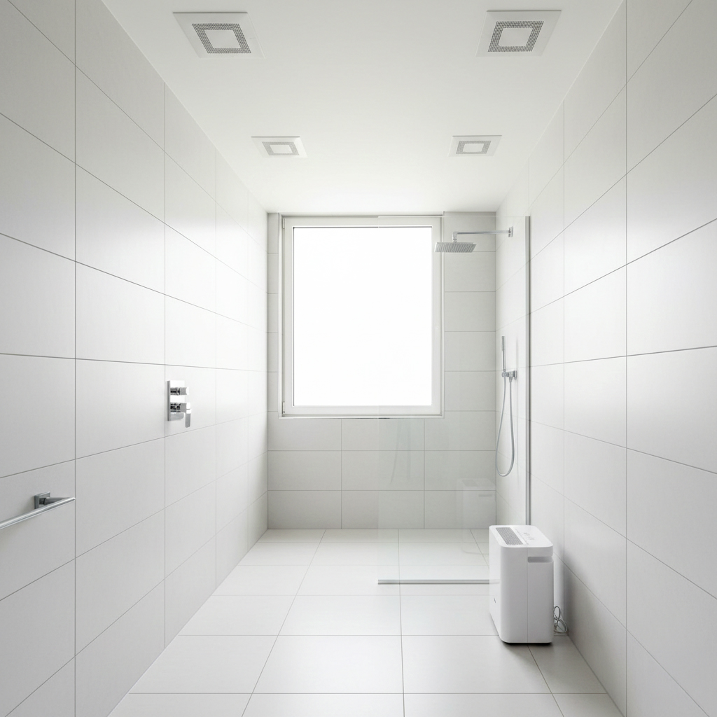 Salle de bains moderne avec système ventilation et carrelage sain sans humidité