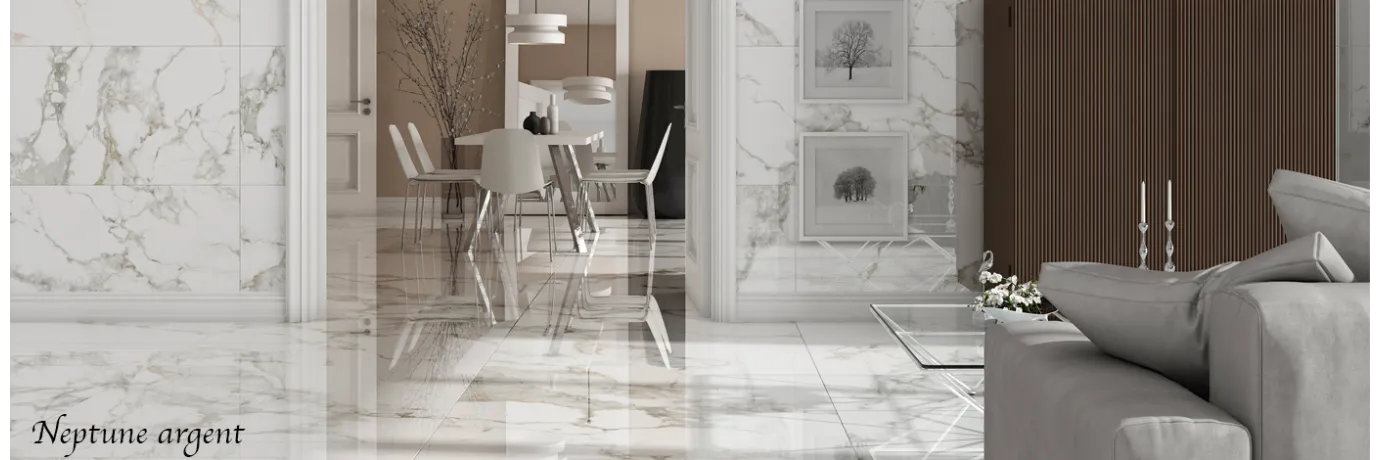 Carrelage sol et mur poli effet marbre Neptune Argent pour le sol du salon 