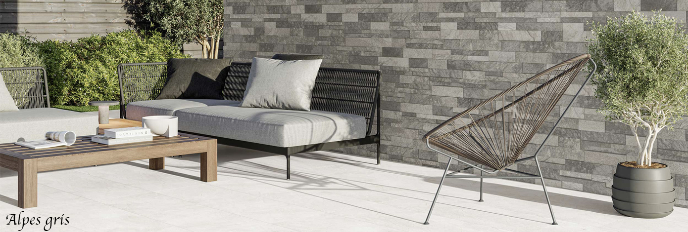 carrelage pierre de parement Alpes gris pour un mur de la terrasse