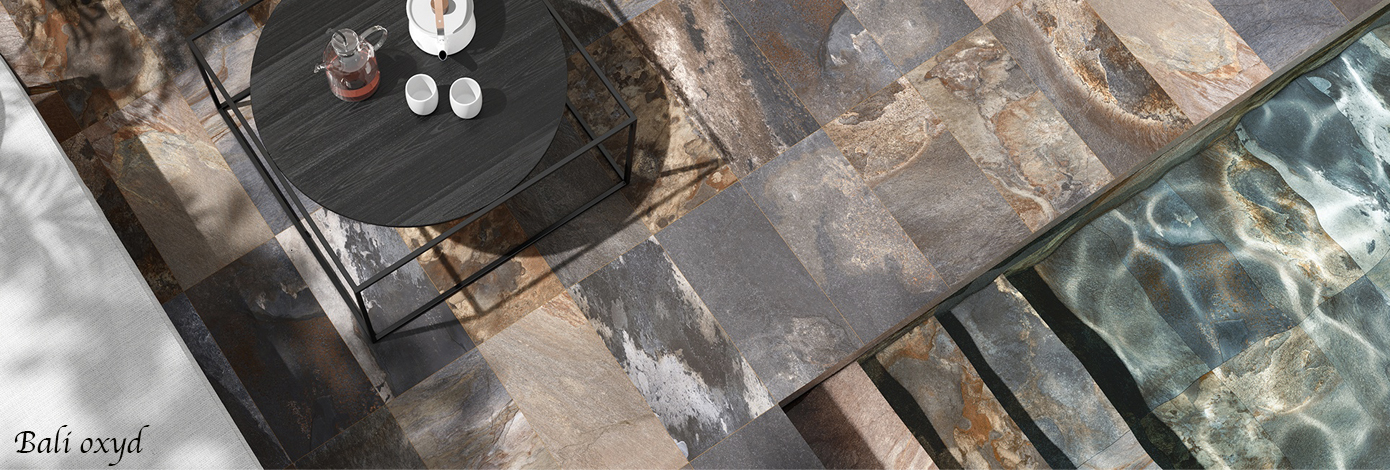 Carrelage extérieur effet pierre de bali série Bali oxyd pour le contour et l'intérieur de la piscine