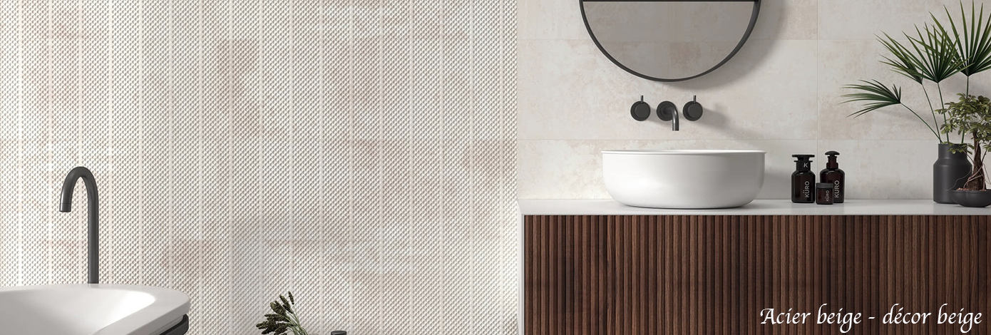 Carrelage effet métal design Acier beige et décor beige pour la salle de bain