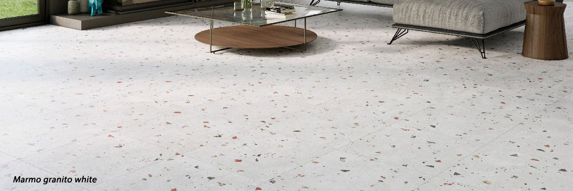 carrelage terrazzo marmo granito silver et white pour le hall d'entrée d'un hôtel 