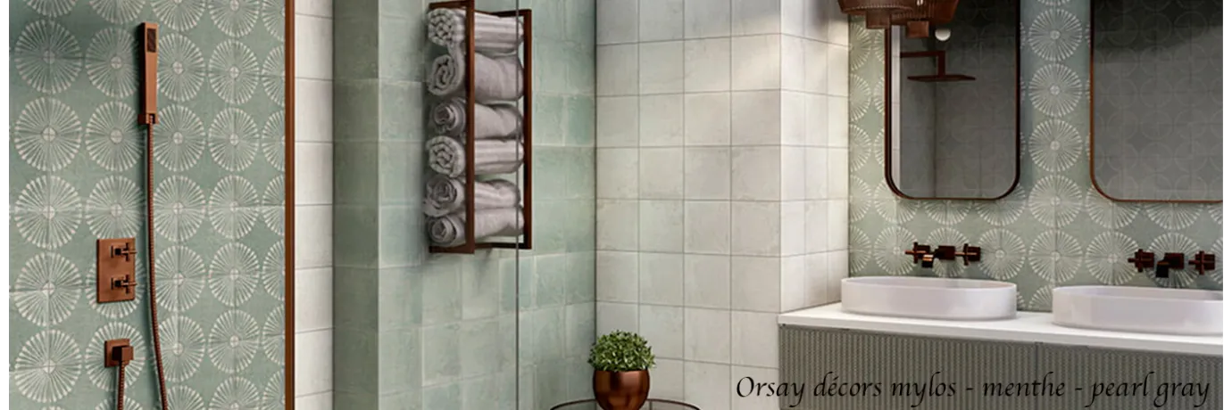 Carrelage sol effet carreaux de ciment Orsay décors mylos et menthe dans les ton vert, gris pour la salle de bain 