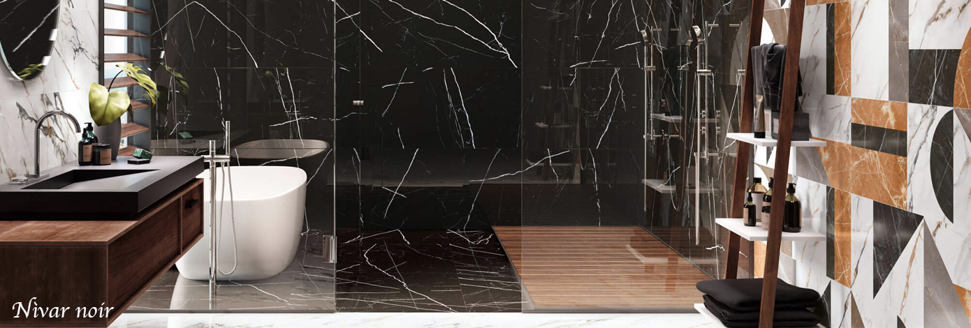 Carrelage effet marbre Nìvar noir pour l'intérieur de la douche et le sol de la salle de bain