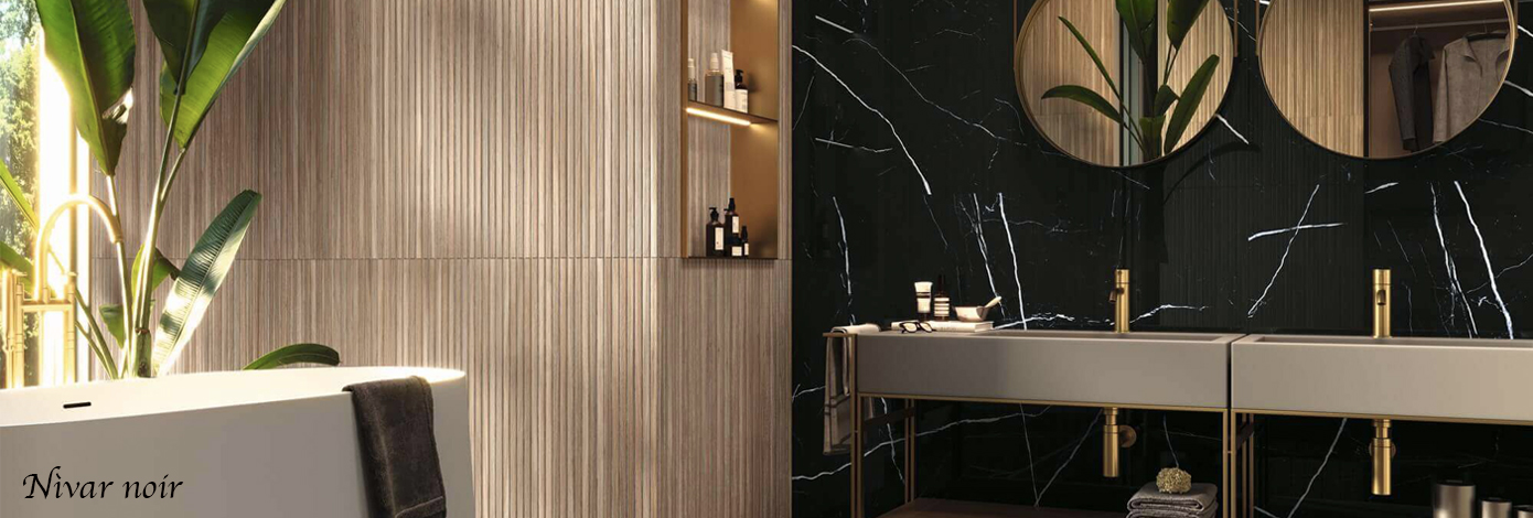 Carrelage effet marbre Nìvar noir pour le sol et le mur de la salle de bain