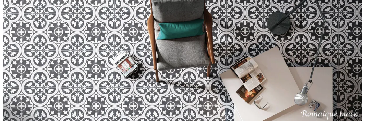 Carrelage sol effet carreaux de ciment Romaique Black gris anthracite et blanc pour l'espace bureau