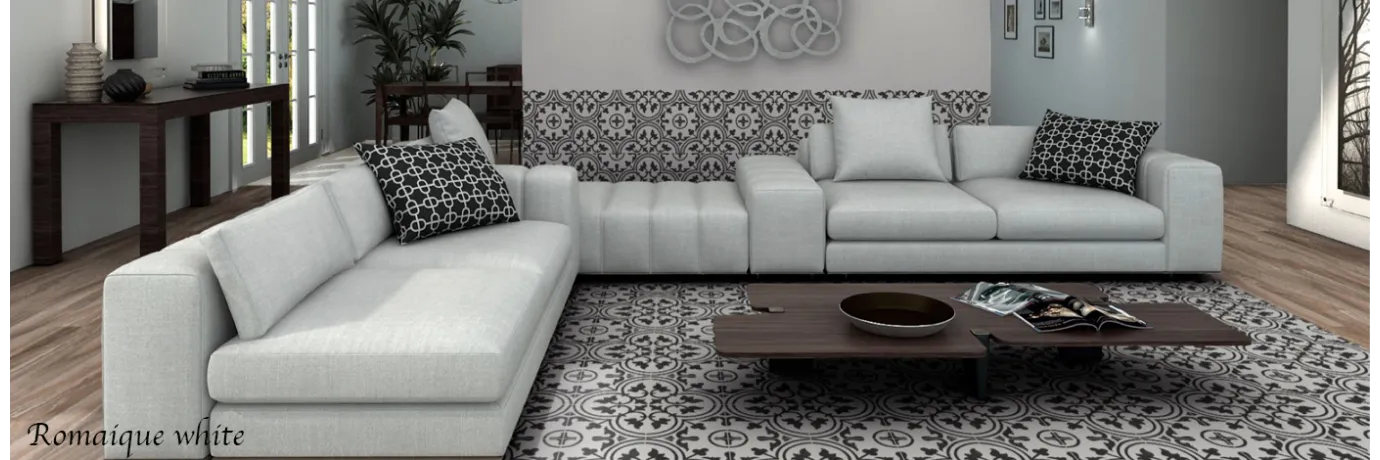 Carrelage sol et mur effet carreaux de ciment Romaique White blanc et noir pour le salon