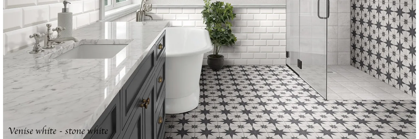 Carrelage sol et mur effet carreaux de ciment Venise white thème étoile pour l'intérieur de la douche italienne