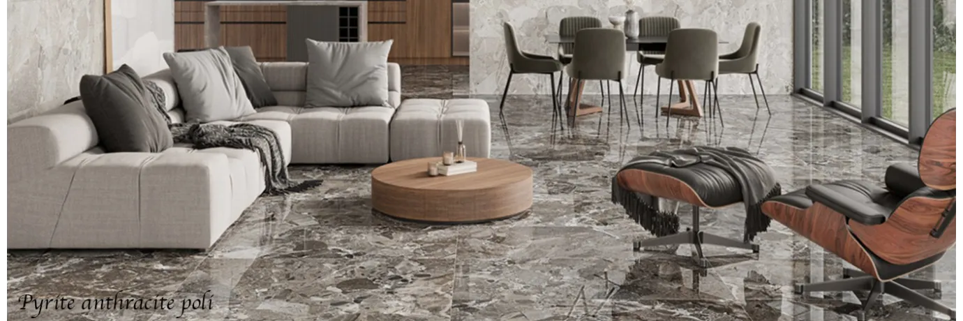 Carrelage sol et mur poli effet pierre Pyrite anthracite pour le salon