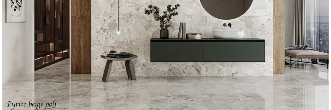 Carrelage sol et mur effet pierre Pyrite beige Mat et poli pour la salle de bain style minimaliste