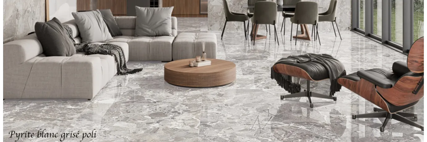 Carrelage sol et mur poli effet pierre Pyrite blanc grisé pour la salon
